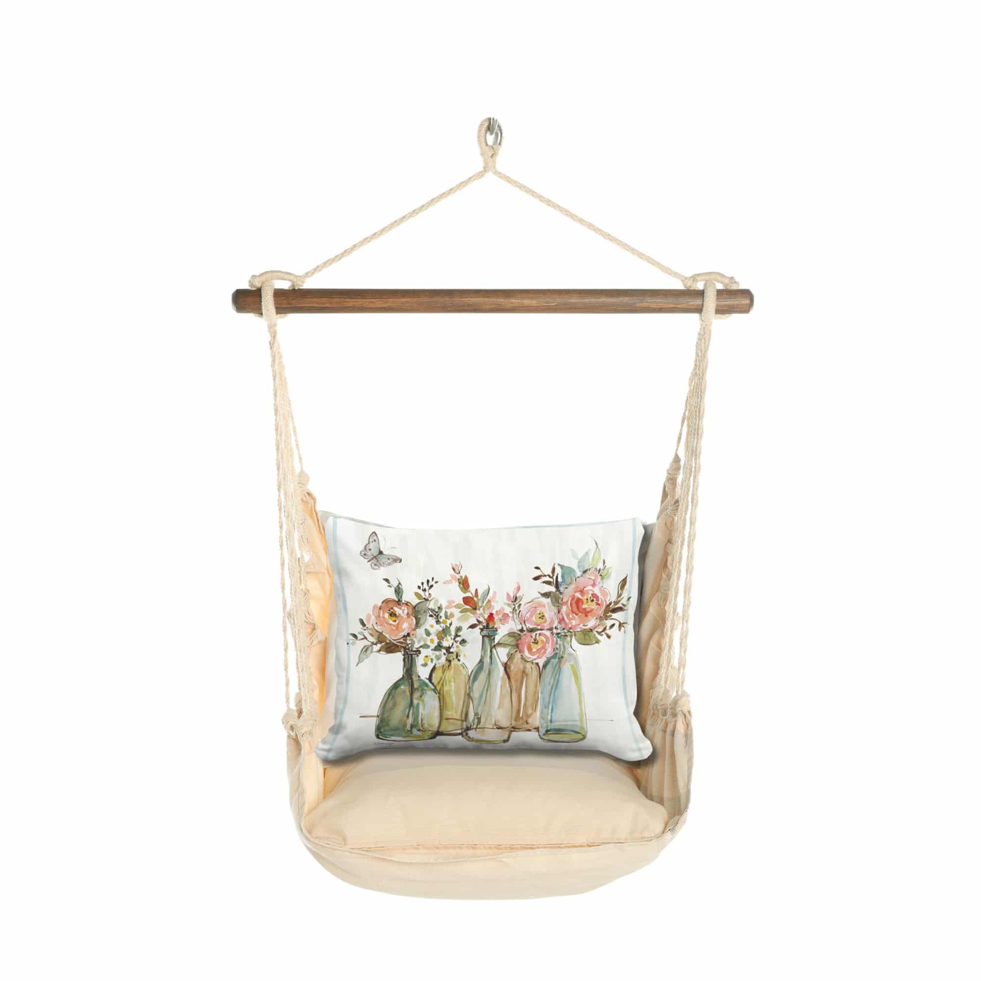 Multi colored outdoor swing crafted by the artisans of Magnolia Casual called the Swing Set 4 piece Magnolia Stripe w/ Flowers in Glass Bottles featuring 100 percent weather resistant fabric, weather resistant polyester fabric, handcrafted shown against a clean backdrop featuring with a magnolia motif.