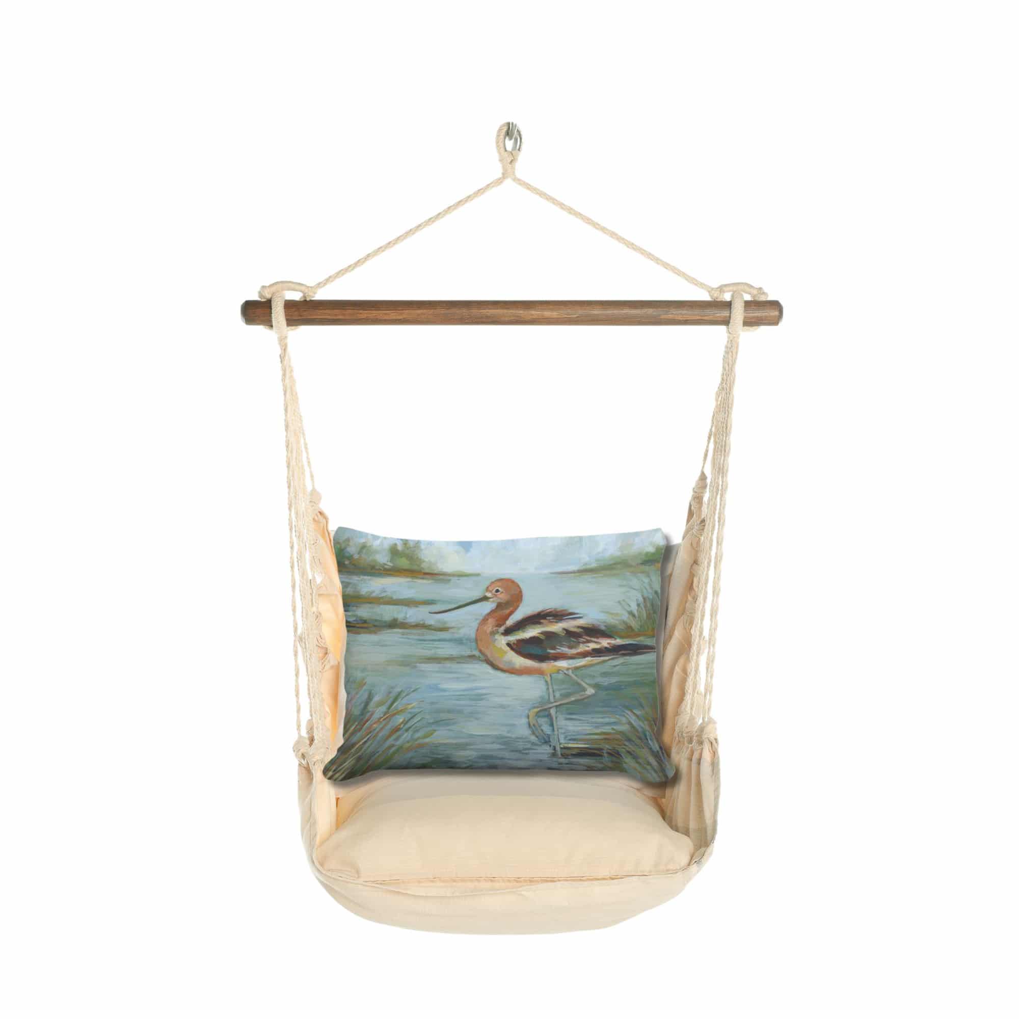 Multi colored outdoor swing crafted by the artisans of Magnolia Casual called the Swing Set 4 piece Magnolia Stripe w/ Avocet Bird in Water featuring 100 percent weather resistant fabric, weather resistant polyester fabric, handcrafted shown against a clean backdrop featuring with a magnolia motif.