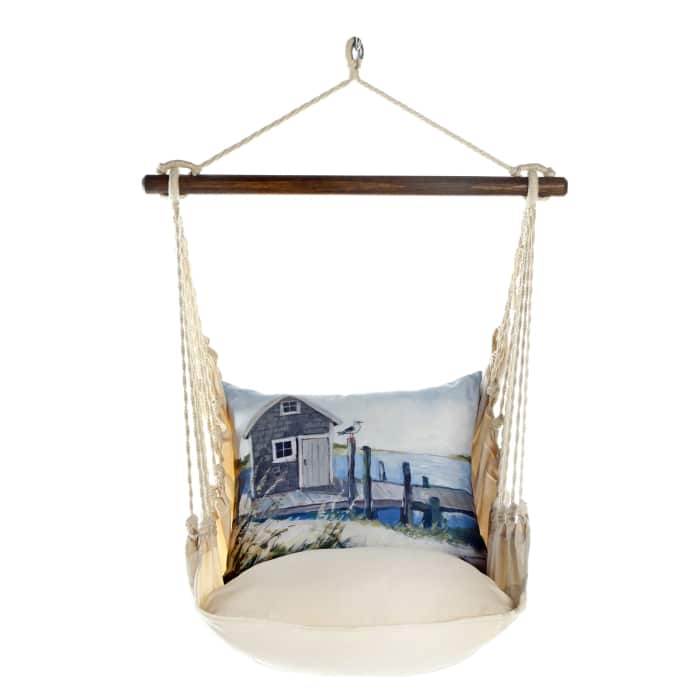 Multi colored outdoor swing crafted by the artisans of Magnolia Casual called the Swing Set 4 piece Magnolia Stripe w/ Boat House Pier featuring 100 percent weather resistant fabric, weather resistant polyester fabric, handcrafted shown against a clean backdrop featuring with a magnolia motif.
