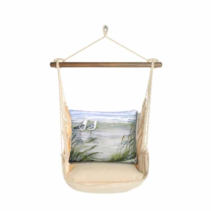 Multi colored outdoor swing crafted by the artisans of Magnolia Casual called the Swing Set 4 piece Magnolia Stripe w/ Seagulls featuring 100 percent weather resistant fabric, weather resistant polyester fabric, handcrafted shown against a clean backdrop featuring with a magnolia motif.