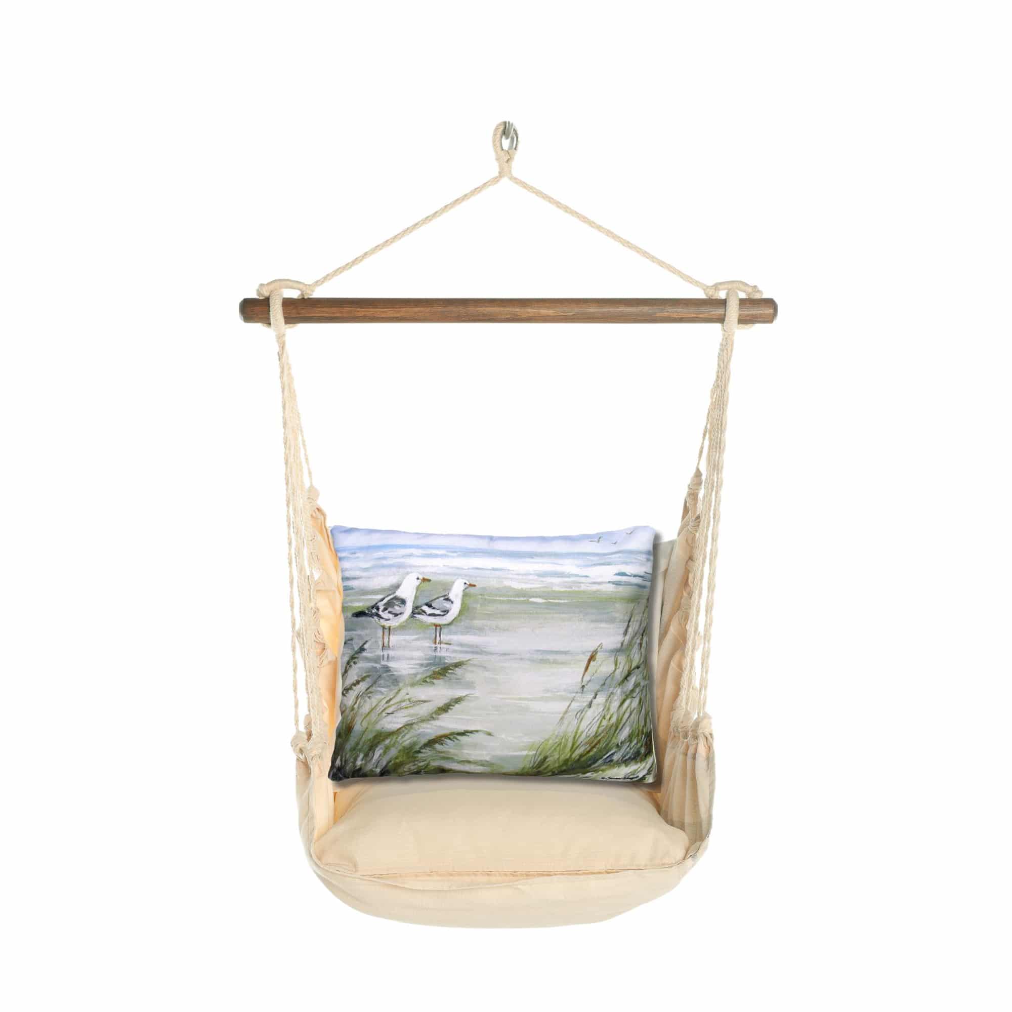 Multi colored outdoor swing crafted by the artisans of Magnolia Casual called the Swing Set 4 piece Magnolia Stripe w/ Seagulls featuring 100 percent weather resistant fabric, weather resistant polyester fabric, handcrafted shown against a clean backdrop featuring with a magnolia motif.