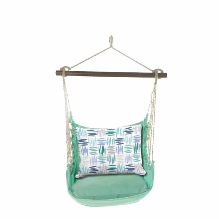 Green outdoor swing crafted by the artisans of Magnolia Casual called the Swing Set 4 piece Seafoam Green Solid w/ Whimsy Strokes featuring 100 percent weather resistant fabric, weather resistant polyester fabric, handcrafted shown against a clean backdrop featuring shades of green.