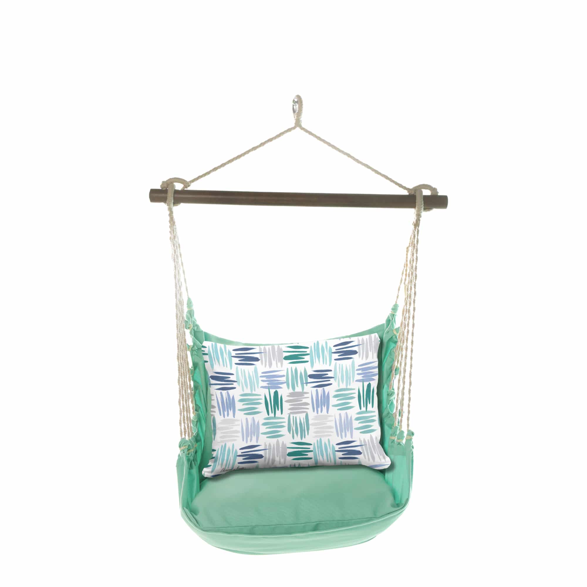 Green outdoor swing crafted by the artisans of Magnolia Casual called the Swing Set 4 piece Seafoam Green Solid w/ Whimsy Strokes featuring 100 percent weather resistant fabric, weather resistant polyester fabric, handcrafted shown against a clean backdrop featuring shades of green.