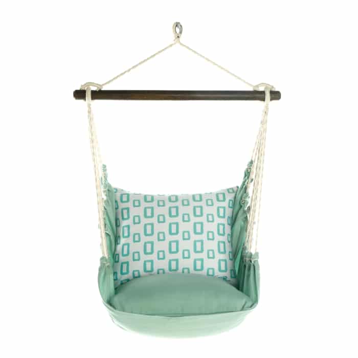 Green outdoor swing crafted by the artisans of Magnolia Casual called the Swing Set 4 piece Seafoam Green Solid w/ Infinite Frames featuring 100 percent weather resistant fabric, weather resistant polyester fabric, handcrafted shown against a clean backdrop featuring shades of green.