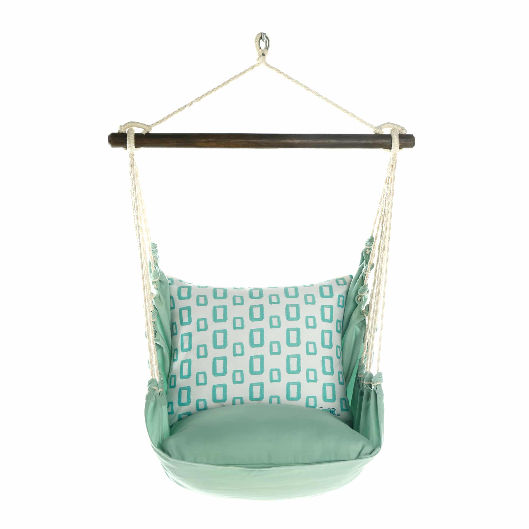Green outdoor swing crafted by the artisans of Magnolia Casual called the Swing Set 4 piece Seafoam Green Solid w/ Infinite Frames featuring 100 percent weather resistant fabric, weather resistant polyester fabric, handcrafted shown against a clean backdrop featuring shades of green.