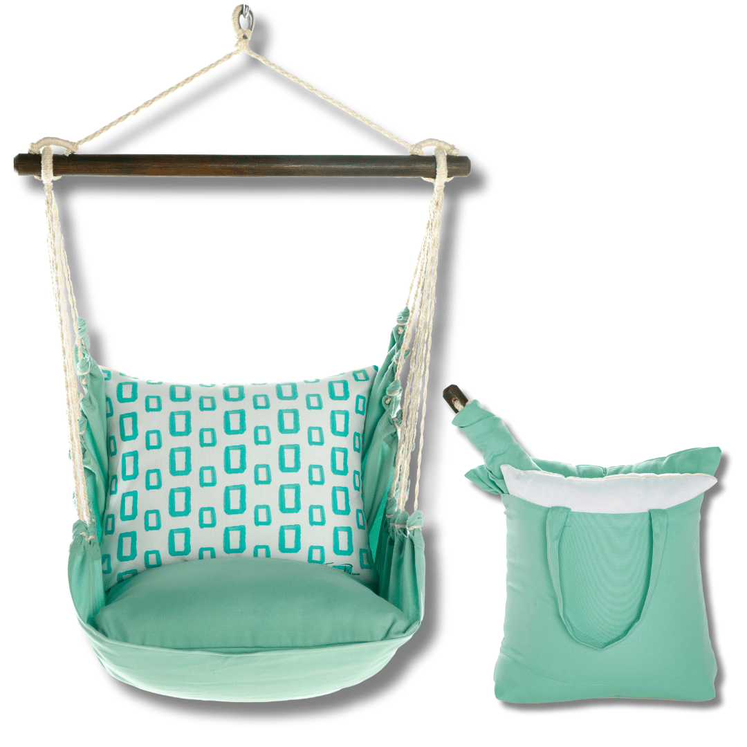 Green outdoor swing crafted by the artisans of Magnolia Casual called the Swing Set 4 piece Seafoam Green Solid w/ Infinite Frames featuring 100 percent weather resistant fabric, weather resistant polyester fabric, handcrafted shown against a clean backdrop featuring shades of green.