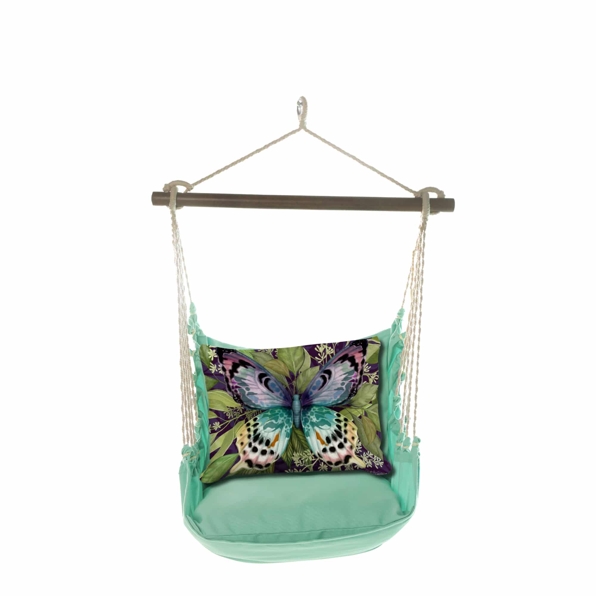 Green outdoor swing crafted by the artisans of Magnolia Casual called the Swing Set 4 piece Seafoam Green Solid w/ Mystic Butterfly featuring 100 percent weather resistant fabric, weather resistant polyester fabric, handcrafted shown against a clean backdrop featuring with a butterfly motif and shades of green.