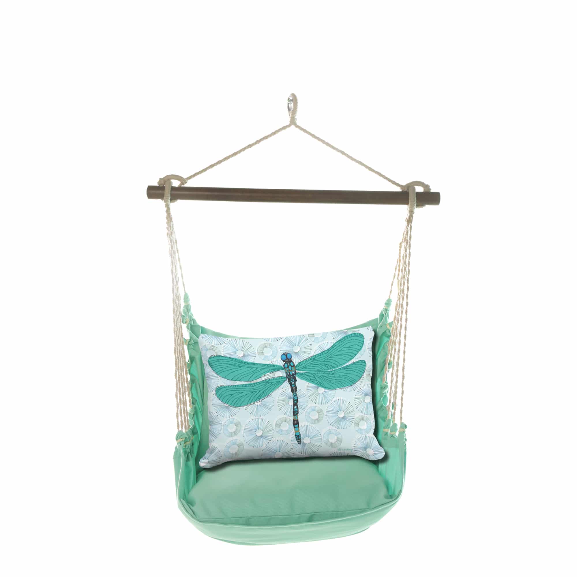 Green outdoor swing crafted by the artisans of Magnolia Casual called the Swing Set 4 piece Seafoam Green Solid w/ Dragonfly with Lilly Pads featuring 100 percent weather resistant fabric, weather resistant polyester fabric, handcrafted shown against a clean backdrop featuring with a dragonfly motif and shades of green.