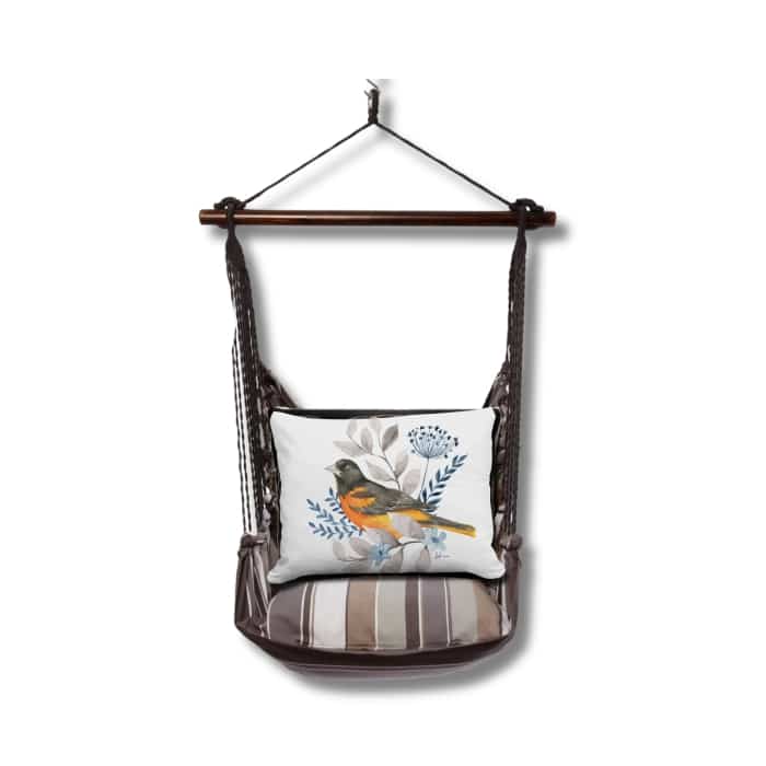 Gray outdoor swing crafted by the artisans of Magnolia Casual called the Swing Set 4 piece Slate Gray Stripe w/ Oriole featuring 100 percent weather resistant fabric, weather resistant polyester fabric, handcrafted shown against a clean backdrop featuring with a stripe motif and shades of gray.
