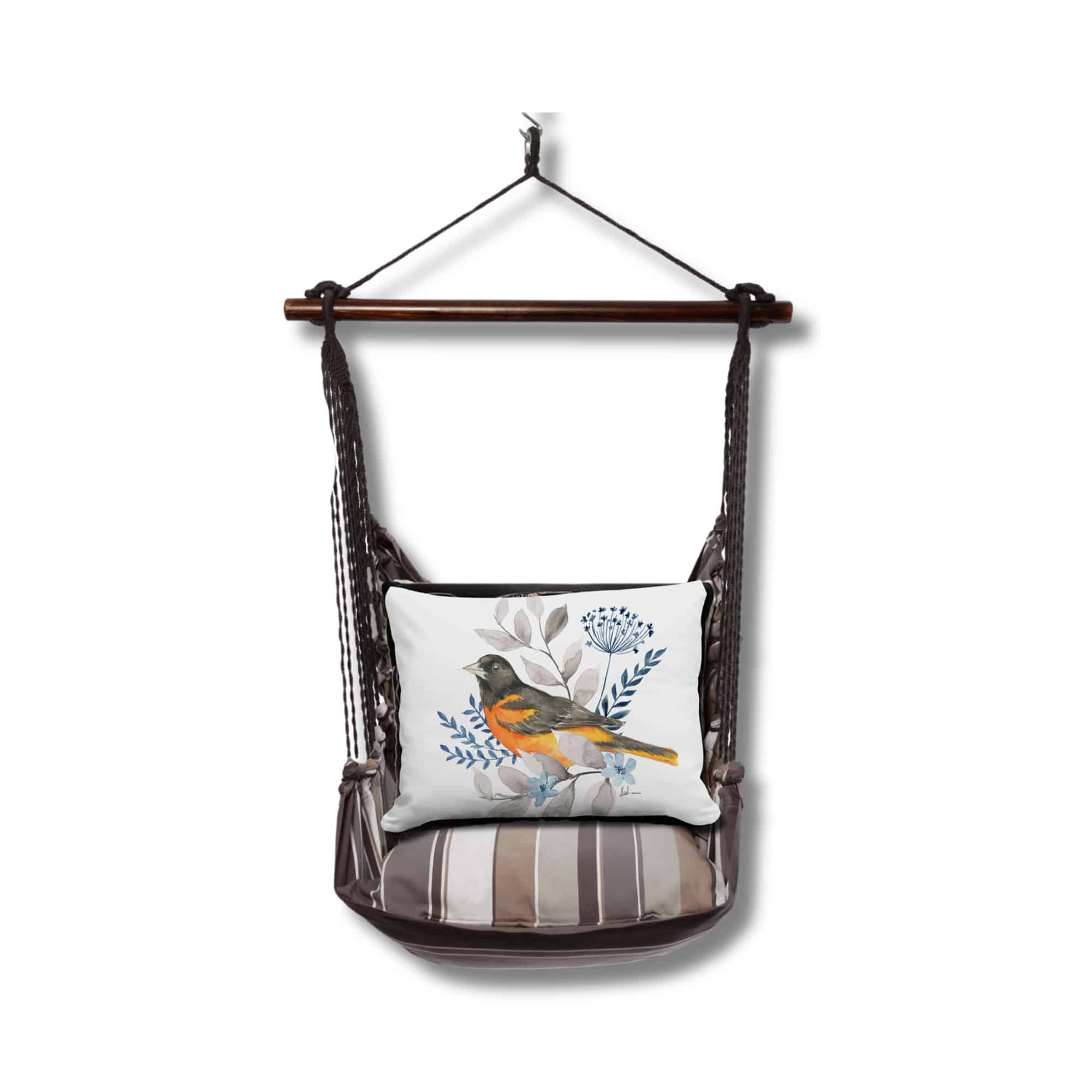 Gray outdoor swing crafted by the artisans of Magnolia Casual called the Swing Set 4 piece Slate Gray Stripe w/ Oriole featuring 100 percent weather resistant fabric, weather resistant polyester fabric, handcrafted shown against a clean backdrop featuring with a stripe motif and shades of gray.