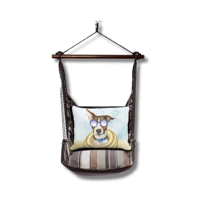 Gray outdoor swing crafted by the artisans of Magnolia Casual called the Swing Set 4 piece Slate Gray Stripe w/ Cool Dog featuring 100 percent weather resistant fabric, weather resistant polyester fabric, handcrafted shown against a clean backdrop featuring with a stripe motif and shades of gray.