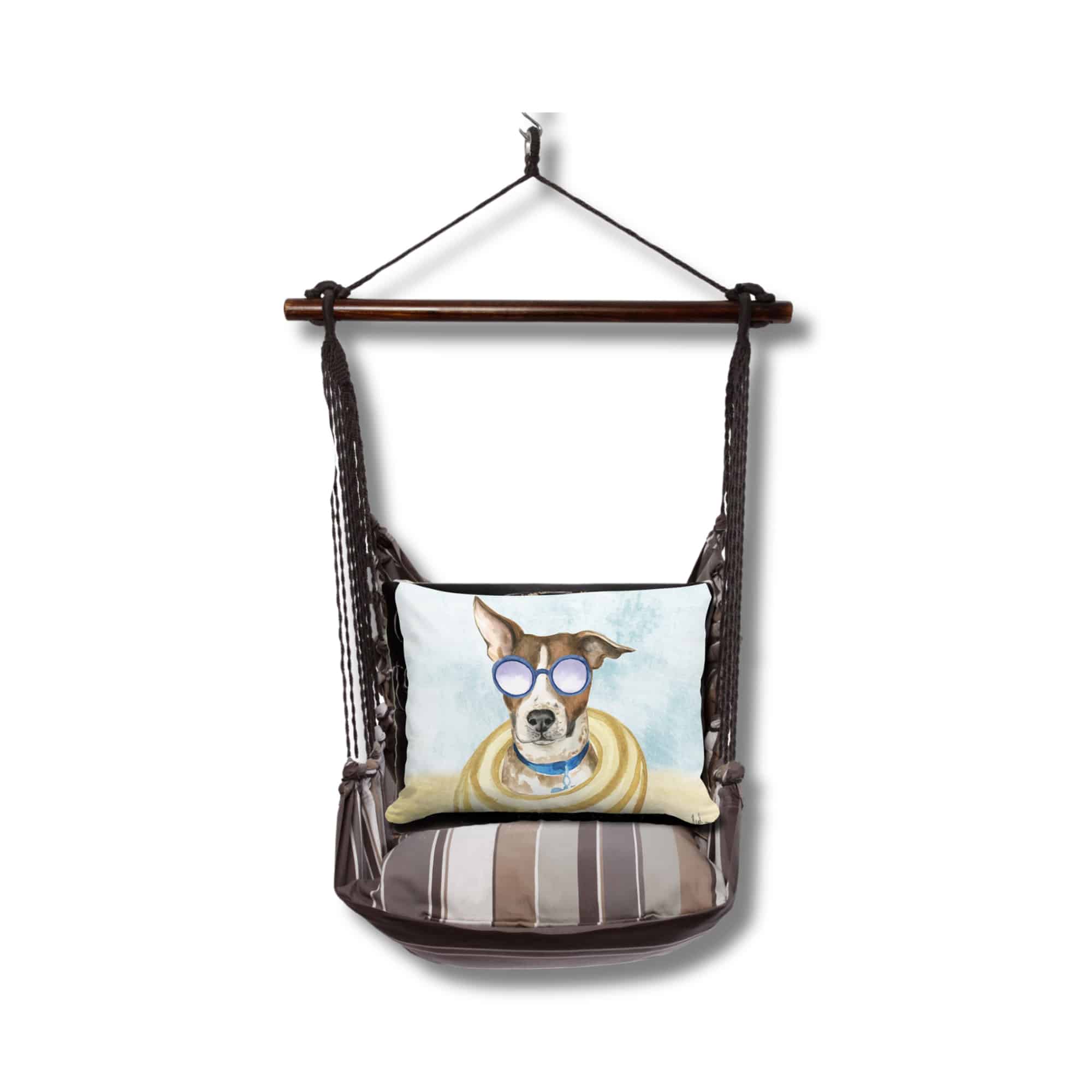 Gray outdoor swing crafted by the artisans of Magnolia Casual called the Swing Set 4 piece Slate Gray Stripe w/ Cool Dog featuring 100 percent weather resistant fabric, weather resistant polyester fabric, handcrafted shown against a clean backdrop featuring with a stripe motif and shades of gray.
