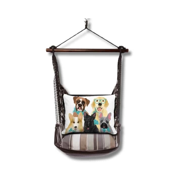 Gray outdoor swing crafted by the artisans of Magnolia Casual called the Swing Set 4 piece Slate Gray Stripe w/ Dog Portrait featuring 100 percent weather resistant fabric, weather resistant polyester fabric, handcrafted shown against a clean backdrop featuring with a stripe motif and shades of gray.