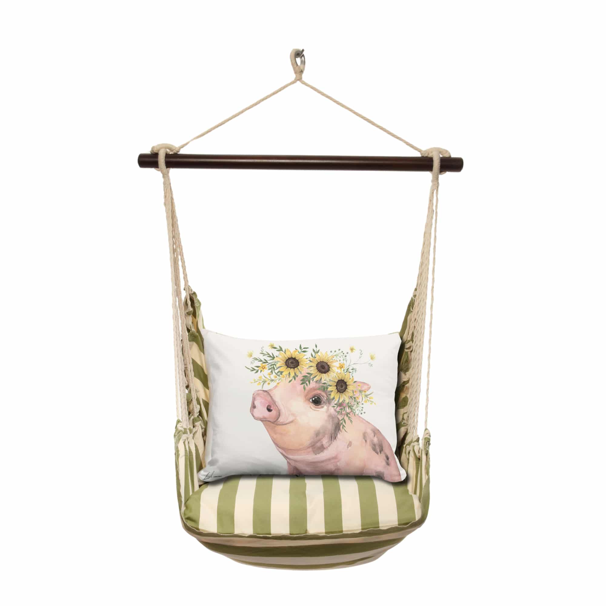 Multi colored outdoor swing crafted by the artisans of Magnolia Casual called the Swing Set 4 piece Summer Palms Stripe w/ Pig with Sunflowers featuring 100 percent weather resistant fabric, weather resistant polyester fabric, handcrafted shown against a clean backdrop featuring with a stripe motif.
