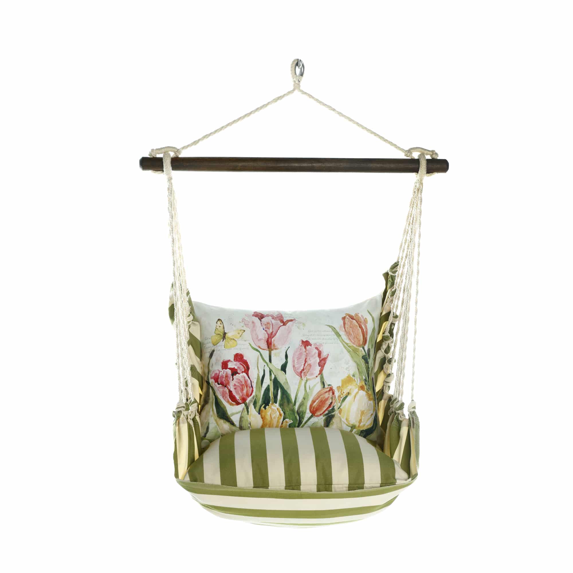 Pink outdoor swing crafted by the artisans of Magnolia Casual called the Swing Set 4 piece Summer Palms Stripe w/ Pink and Yellow Tulips featuring 100 percent weather resistant fabric, weather resistant polyester fabric, handcrafted shown against a clean backdrop featuring with a stripe motif and shades of pink and yellow.