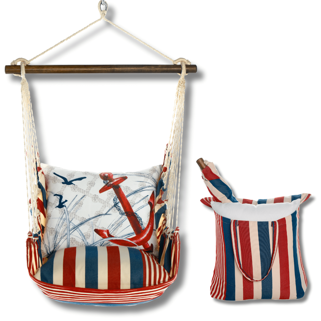 Red outdoor swing crafted by the artisans of Magnolia Casual called the Swing Set 4 piece Stars & Stripes w/ Red Anchor featuring 100 percent weather resistant fabric, weather resistant polyester fabric, handcrafted shown against a clean backdrop featuring with a stripes motif and shades of red.