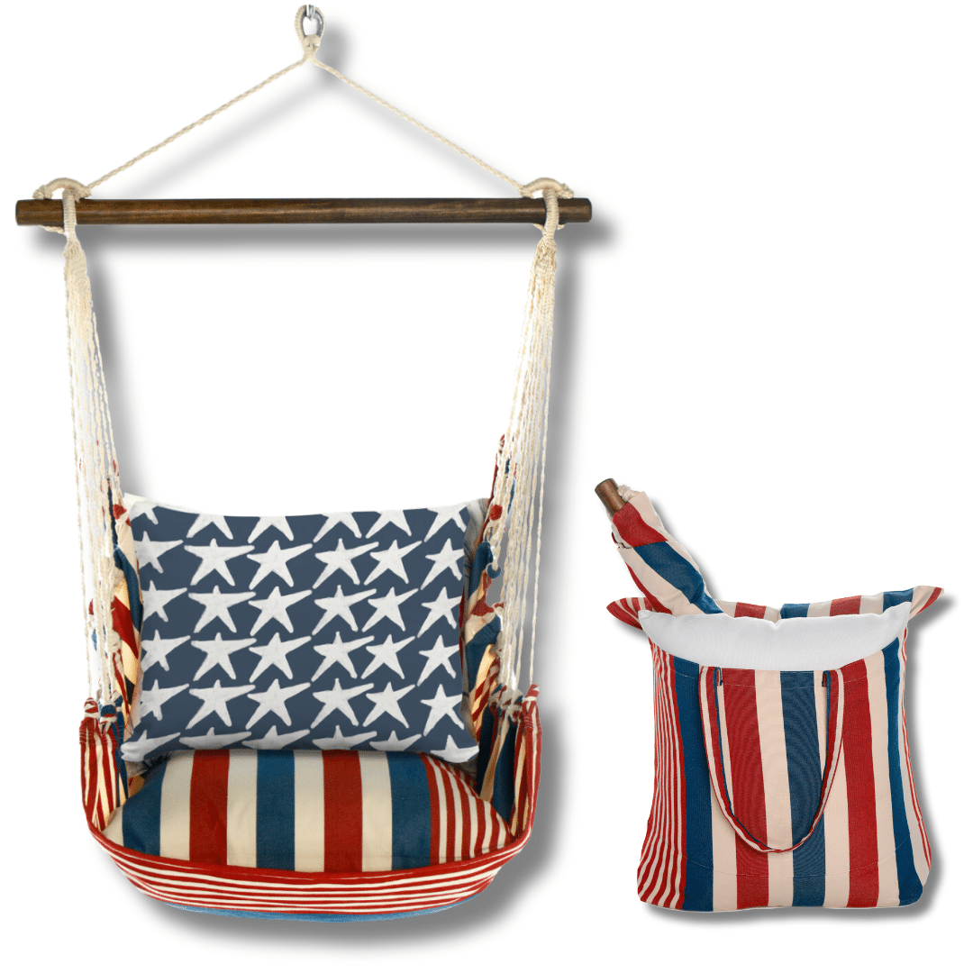Multi colored outdoor swing crafted by the artisans of Magnolia Casual called the Swing Set 4 piece Stars & Stripes w/ Flag Stars featuring 100 percent weather resistant fabric, weather resistant polyester fabric, handcrafted shown against a clean backdrop featuring with a stripes motif.
