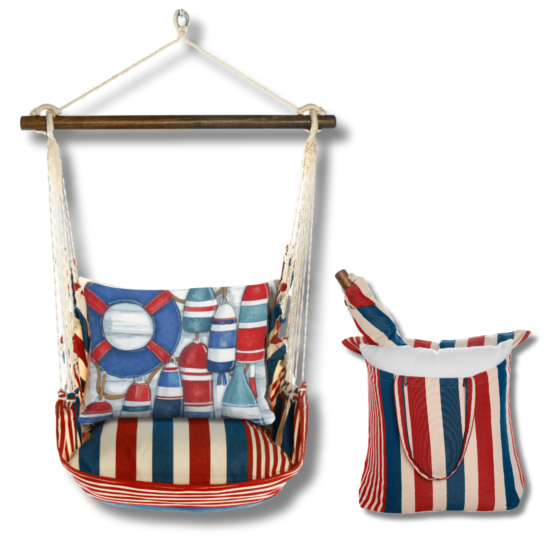 Red outdoor swing crafted by the artisans of Magnolia Casual called the Swing Set 4 piece Stars & Stripes w/ Red and Blue Buoys featuring 100 percent weather resistant fabric, weather resistant polyester fabric, handcrafted shown against a clean backdrop featuring with a stripes motif and shades of red and blue.