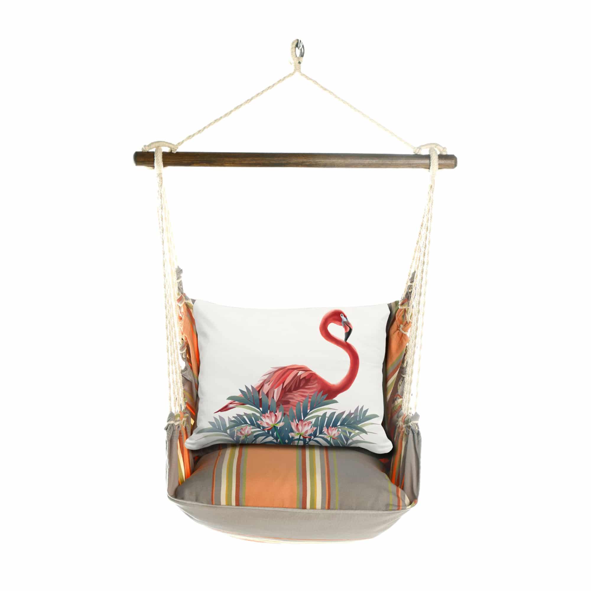 Pink outdoor swing crafted by the artisans of Magnolia Casual called the Swing Set 4 piece Serene Sunset w/ Vivid Flamingo Pink featuring 100 percent weather resistant fabric, weather resistant polyester fabric, handcrafted shown against a clean backdrop featuring shades of pink.