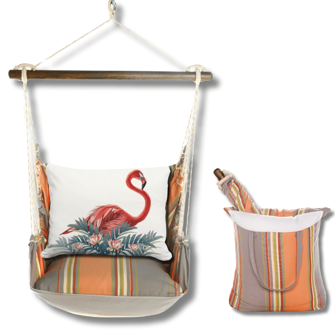 Pink outdoor swing crafted by the artisans of Magnolia Casual called the Swing Set 4 piece Serene Sunset w/ Vivid Flamingo Pink featuring 100 percent weather resistant fabric, weather resistant polyester fabric, handcrafted shown against a clean backdrop featuring shades of pink.