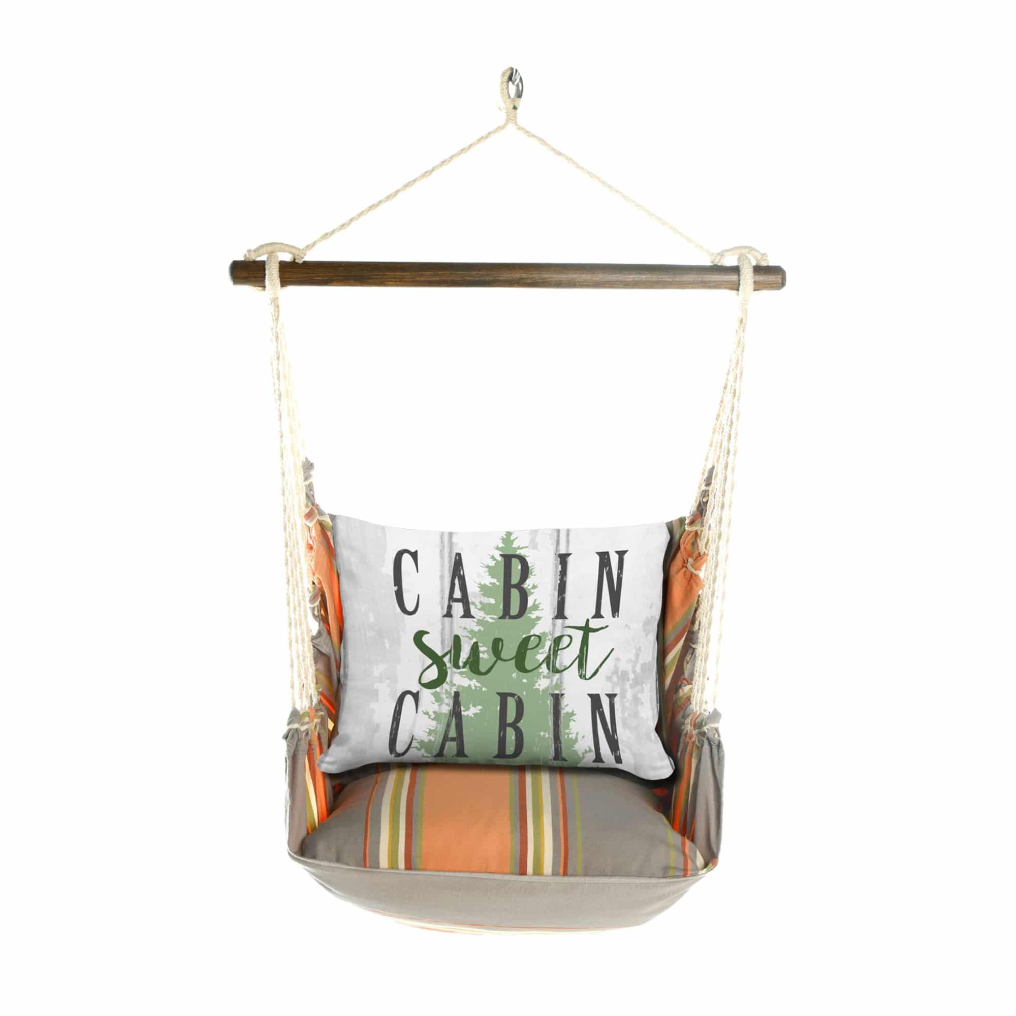 Multi colored outdoor swing crafted by the artisans of Magnolia Casual called the Swing Set 4 piece Serene Sunset w/ Cabin Sweet Cabin featuring 100 percent weather resistant fabric, weather resistant polyester fabric, handcrafted shown against a clean backdrop.