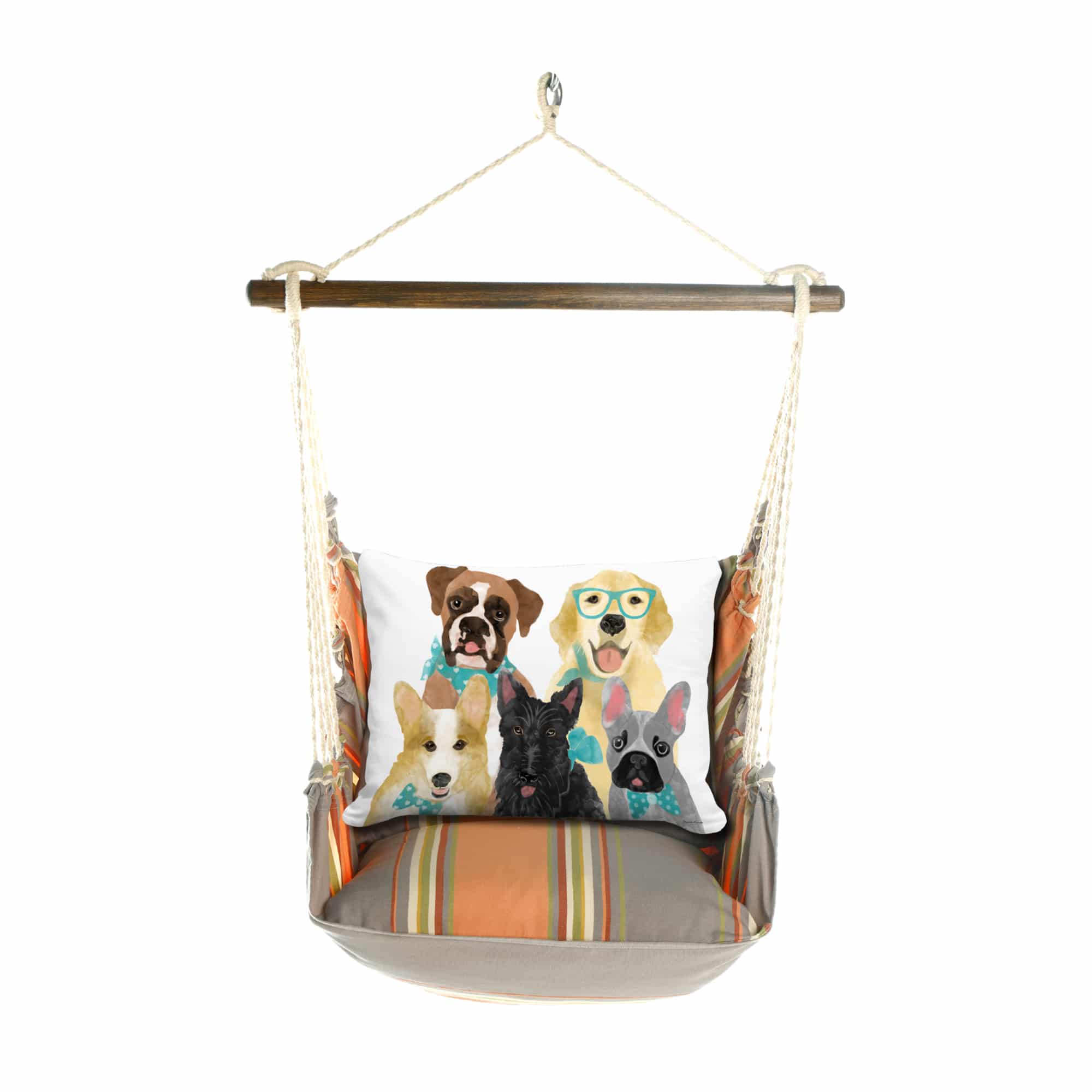 Multi colored outdoor swing crafted by the artisans of Magnolia Casual called the Swing Set 4 piece Serene Sunset w/ Dog Portrait featuring 100 percent weather resistant fabric, weather resistant polyester fabric, handcrafted shown against a clean backdrop featuring with a dog motif.