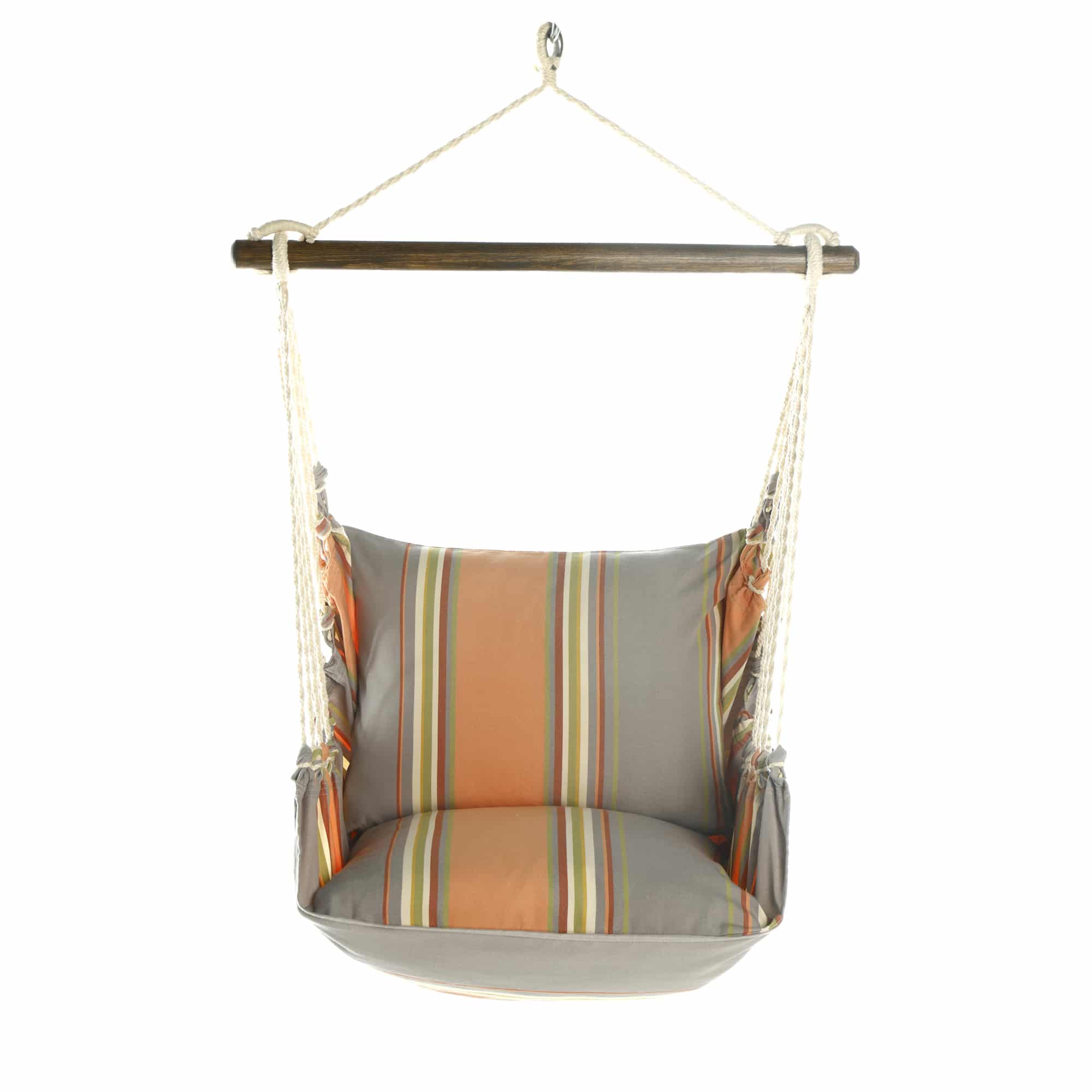 Multi colored outdoor swing crafted by the artisans of Magnolia Casual called the Swing Set 4 piece Serene Sunset w/ Serene Sunset featuring 100 percent weather resistant fabric, weather resistant polyester fabric, handcrafted shown against a clean backdrop.