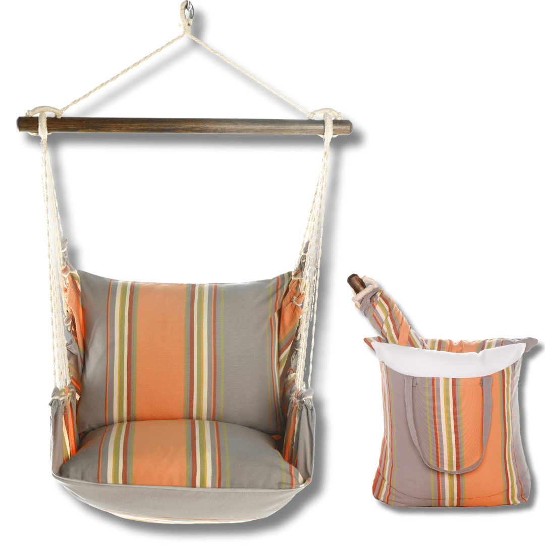 Multi colored outdoor swing crafted by the artisans of Magnolia Casual called the Swing Set 4 piece Serene Sunset w/ Serene Sunset featuring 100 percent weather resistant fabric, weather resistant polyester fabric, handcrafted shown against a clean backdrop.