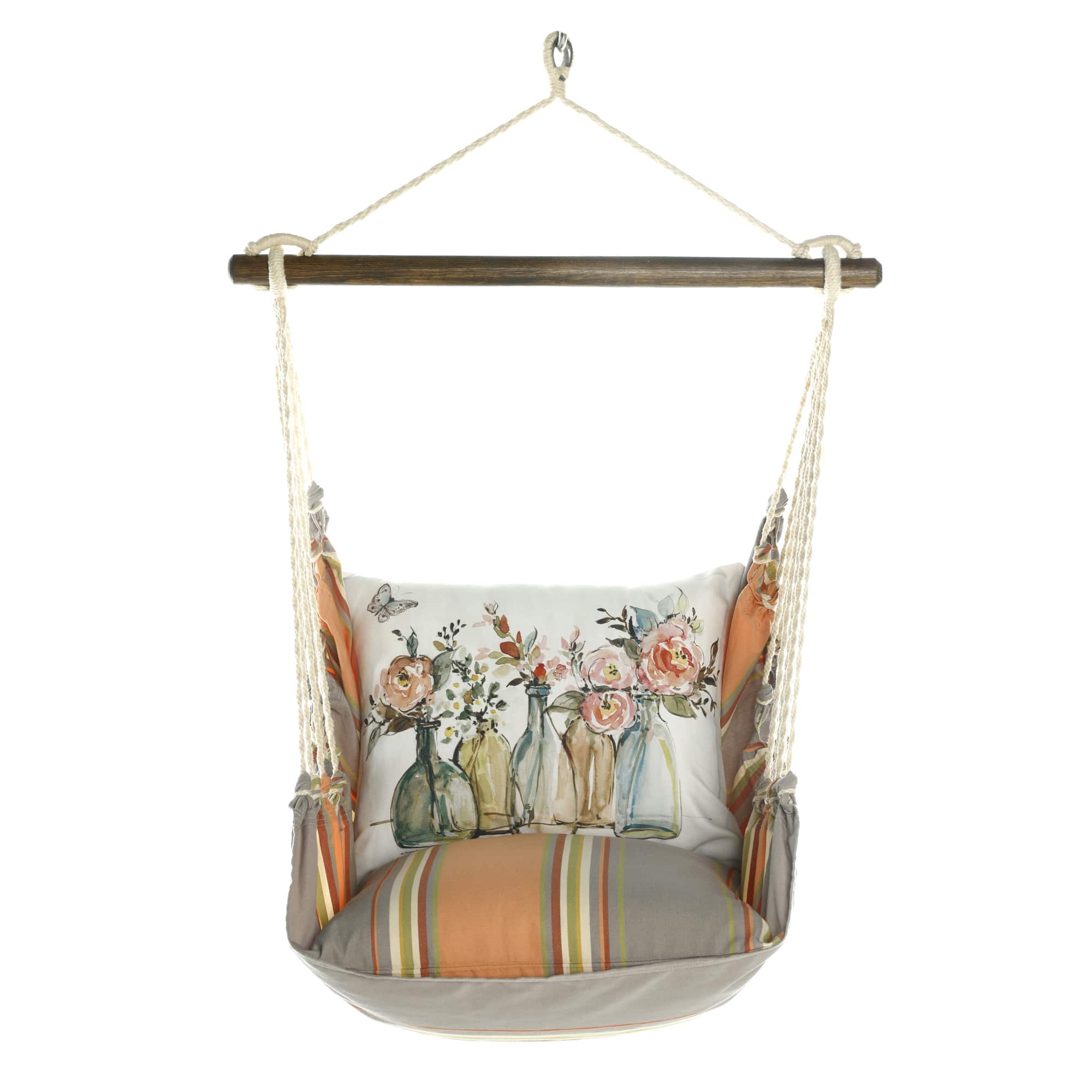 Multi colored outdoor swing crafted by the artisans of Magnolia Casual called the Swing Set 4 piece Serene Sunset w/ Flowers in Glass Bottles featuring 100 percent weather resistant fabric, weather resistant polyester fabric, handcrafted shown against a clean backdrop.