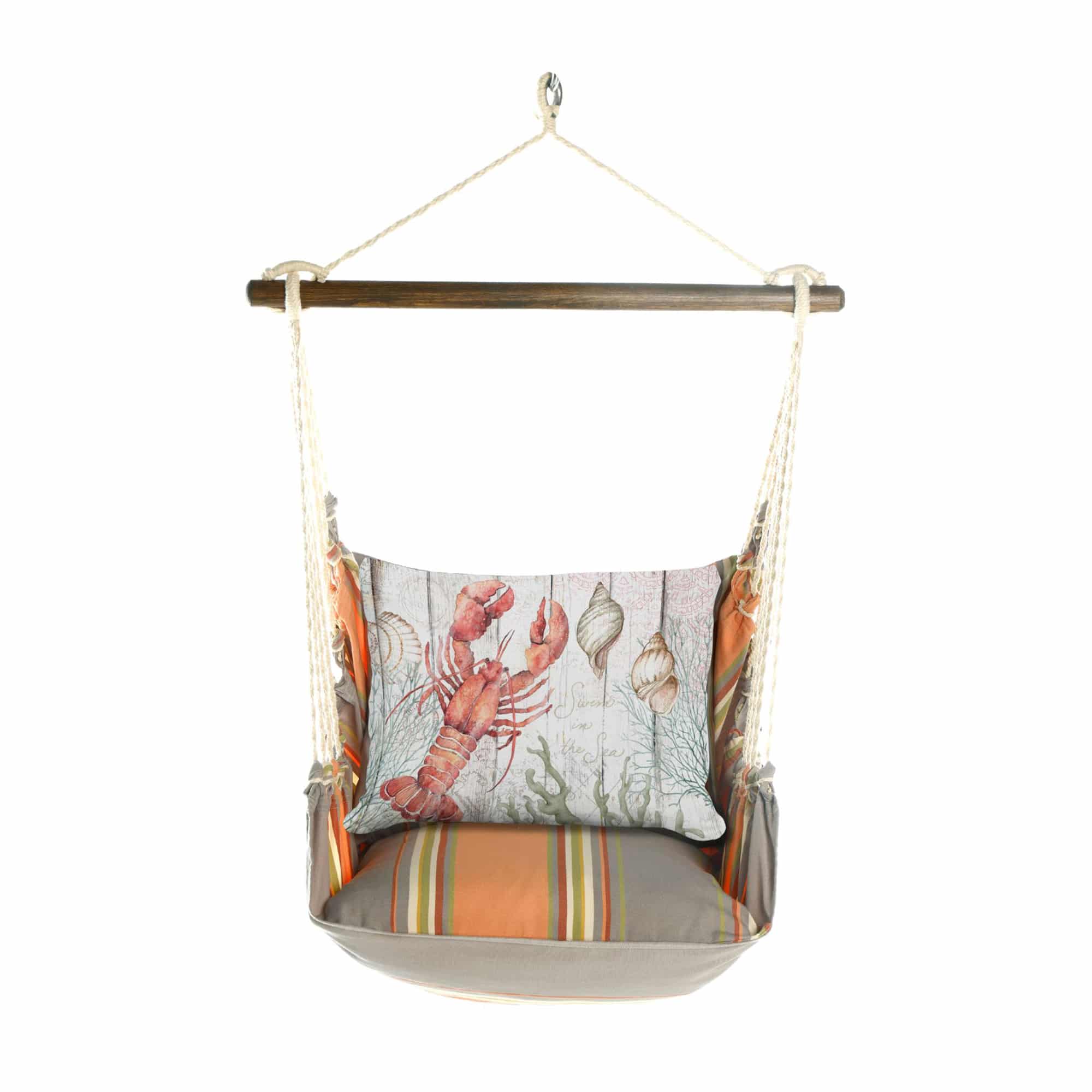 Multi colored outdoor swing crafted by the artisans of Magnolia Casual called the Swing Set 4 piece Serene Sunset w/ Lobster with Seashells featuring 100 percent weather resistant fabric, weather resistant polyester fabric, handcrafted shown against a clean backdrop featuring with a lobster motif.