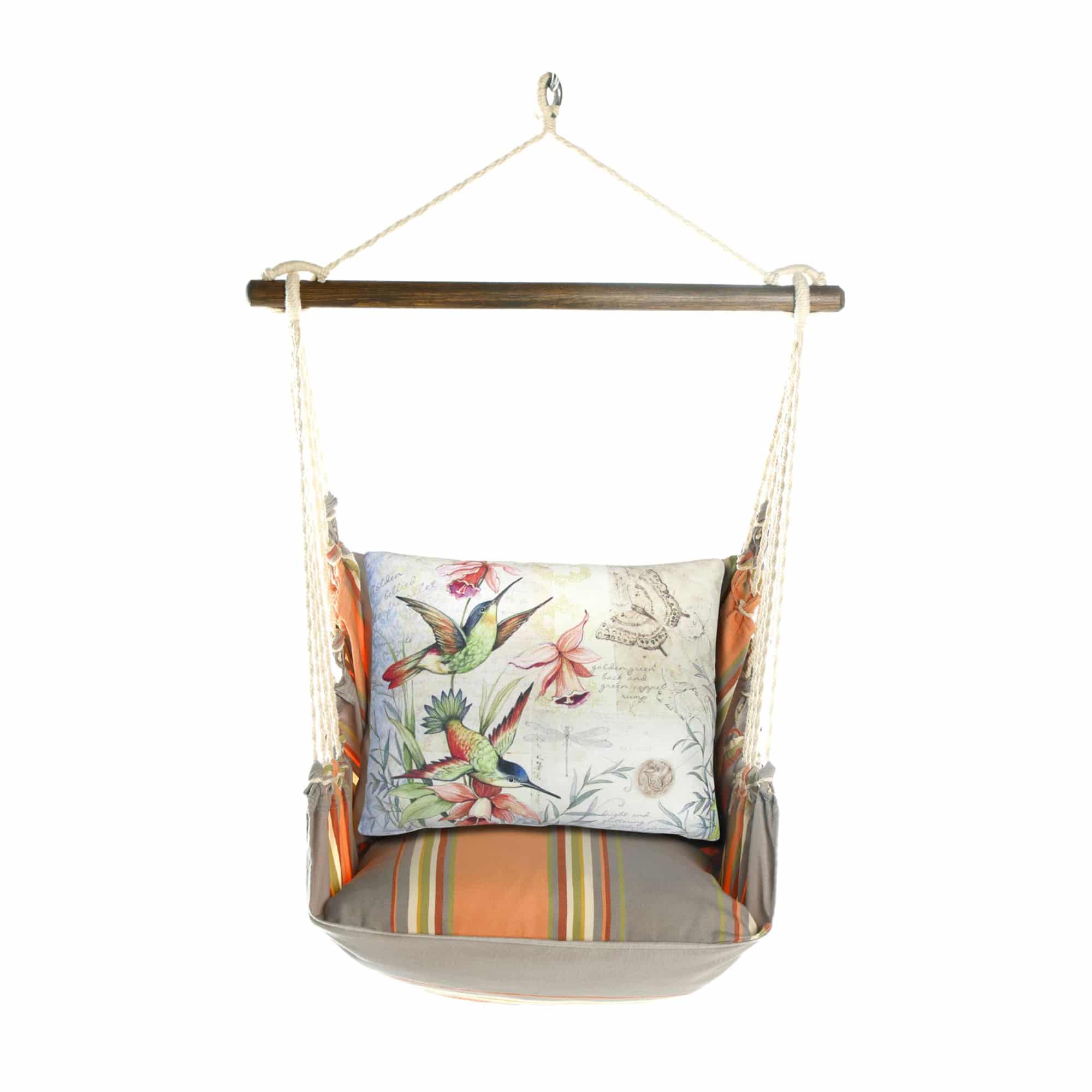 Multi colored outdoor swing crafted by the artisans of Magnolia Casual called the Swing Set 4 piece Serene Sunset w/ Hummingbirds featuring 100 percent weather resistant fabric, weather resistant polyester fabric, handcrafted shown against a clean backdrop.