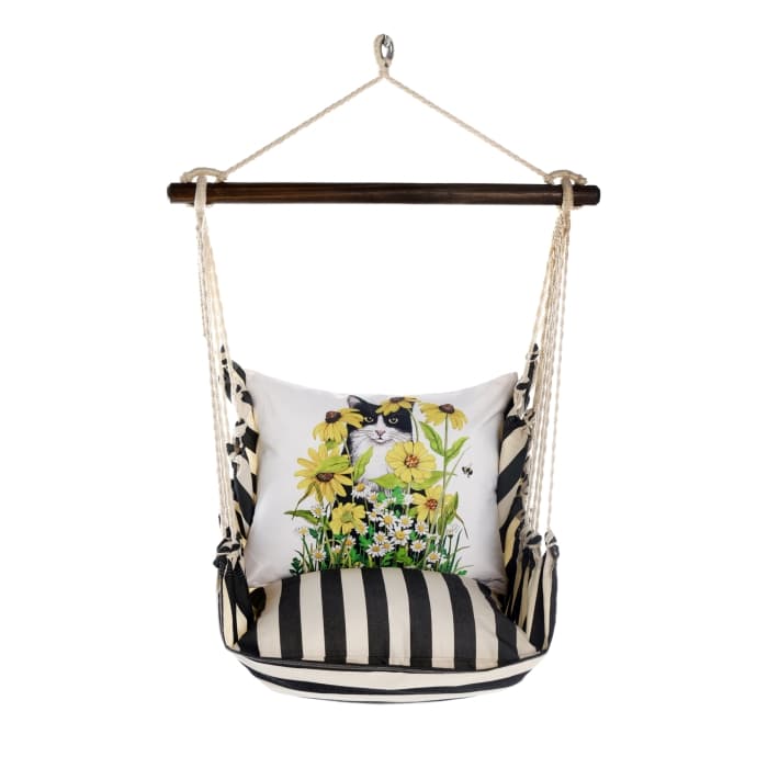 Black outdoor swing crafted by the artisans of Magnolia Casual called the Swing Set 4 piece True Black Stripe w/ Cat with Daisies featuring 100 percent weather resistant fabric, weather resistant polyester fabric, handcrafted shown against a clean backdrop featuring with a stripe motif and shades of black.