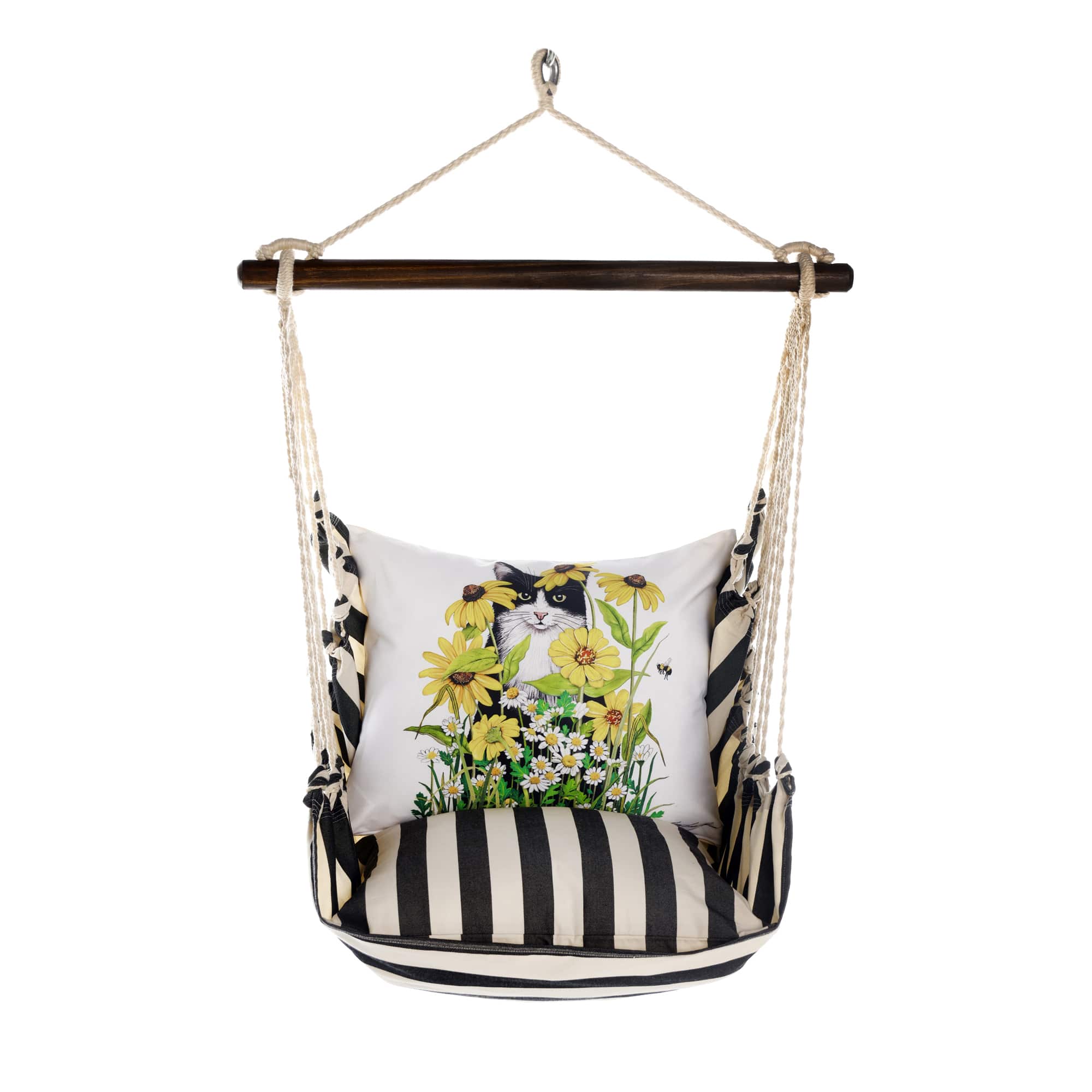 Black outdoor swing crafted by the artisans of Magnolia Casual called the Swing Set 4 piece True Black Stripe w/ Cat with Daisies featuring 100 percent weather resistant fabric, weather resistant polyester fabric, handcrafted shown against a clean backdrop featuring with a stripe motif and shades of black.