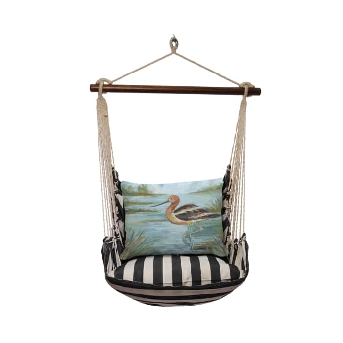 Black outdoor swing crafted by the artisans of Magnolia Casual called the Swing Set 4 piece True Black Stripe w/ Avocet Bird in Water featuring 100 percent weather resistant fabric, weather resistant polyester fabric, handcrafted shown against a clean backdrop featuring with a stripe motif and shades of black.