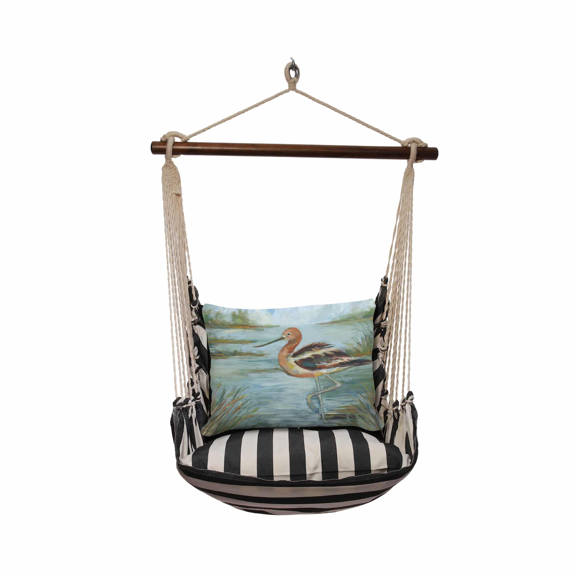 Black outdoor swing crafted by the artisans of Magnolia Casual called the Swing Set 4 piece True Black Stripe w/ Avocet Bird in Water featuring 100 percent weather resistant fabric, weather resistant polyester fabric, handcrafted shown against a clean backdrop featuring with a stripe motif and shades of black.