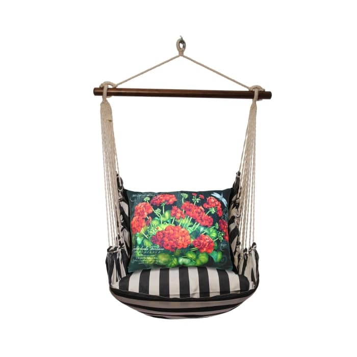 Black outdoor swing crafted by the artisans of Magnolia Casual called the Swing Set 4 piece True Black Stripe w/ Geranium on Black featuring 100 percent weather resistant fabric, weather resistant polyester fabric, handcrafted shown against a clean backdrop featuring with a stripe motif and shades of black.