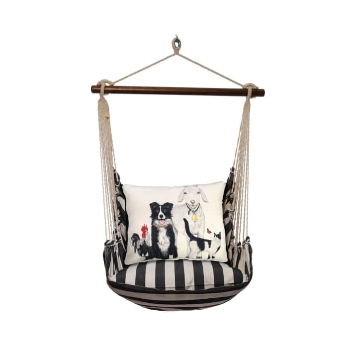Black outdoor swing crafted by the artisans of Magnolia Casual called the Swing Set 4 piece True Black Stripe w/ Dog and Farm Animals featuring 100 percent weather resistant fabric, weather resistant polyester fabric, handcrafted shown against a clean backdrop featuring with a stripe motif and shades of black.