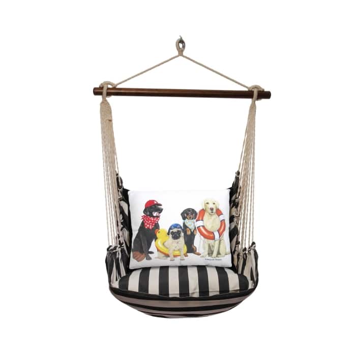 Black outdoor swing crafted by the artisans of Magnolia Casual called the Swing Set 4 piece True Black Stripe w/ Dogs of Summer featuring 100 percent weather resistant fabric, weather resistant polyester fabric, handcrafted shown against a clean backdrop featuring with a stripe motif and shades of black.