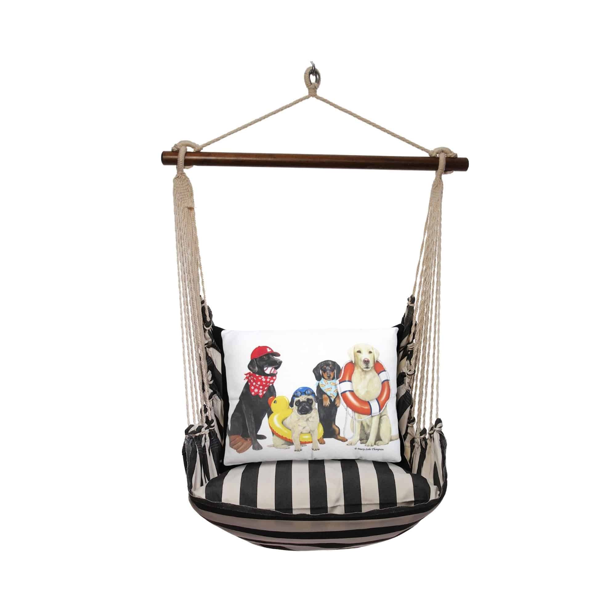 Black outdoor swing crafted by the artisans of Magnolia Casual called the Swing Set 4 piece True Black Stripe w/ Dogs of Summer featuring 100 percent weather resistant fabric, weather resistant polyester fabric, handcrafted shown against a clean backdrop featuring with a stripe motif and shades of black.