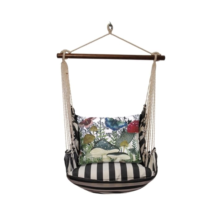 Black outdoor swing crafted by the artisans of Magnolia Casual called the Swing Set 4 piece True Black Stripe w/ Botanical Mushrooms 2 featuring 100 percent weather resistant fabric, weather resistant polyester fabric, handcrafted shown against a clean backdrop featuring with a stripe motif and shades of black.
