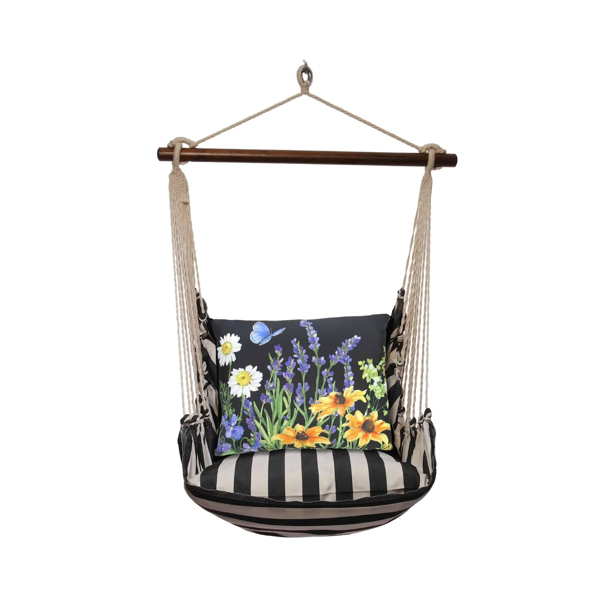 Black outdoor swing crafted by the artisans of Magnolia Casual called the Swing Set 4 piece True Black Stripe w/ Garden Meadow 1 featuring 100 percent weather resistant fabric, weather resistant polyester fabric, handcrafted shown against a clean backdrop featuring with a stripe motif and shades of black.