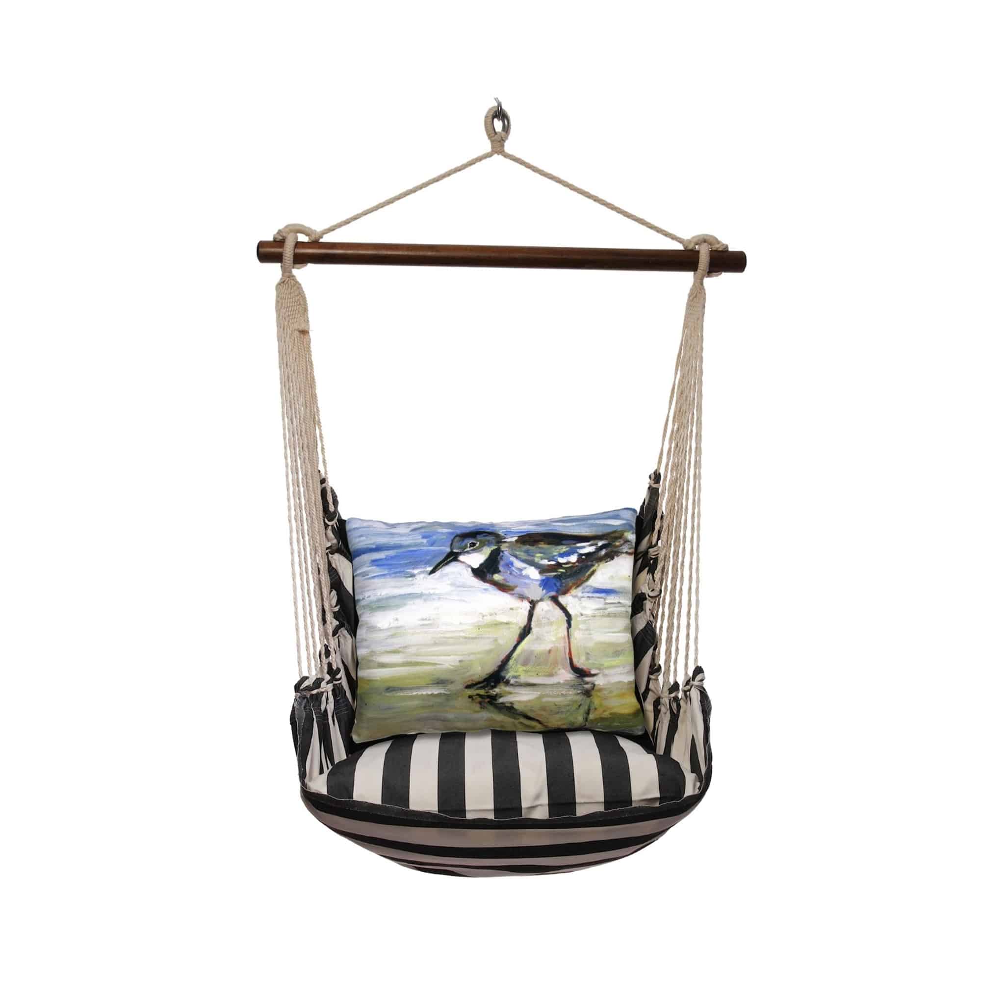 Black outdoor swing crafted by the artisans of Magnolia Casual called the Swing Set 4 piece True Black Stripe w/ Sandpiper featuring 100 percent weather resistant fabric, weather resistant polyester fabric, handcrafted shown against a clean backdrop featuring with a stripe motif and shades of black.