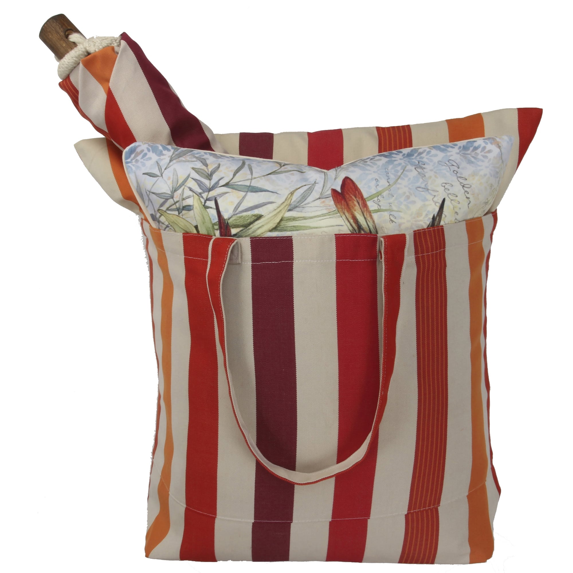 Yellow outdoor swing crafted by the artisans of Magnolia Casual called the Swing Set 4 piece Cristina Stripe w/ Yellow Birds and Poppy Field featuring 100 percent weather resistant fabric, weather resistant polyester fabric, handcrafted shown against a clean backdrop featuring with a stripe motif and shades of yellow.
