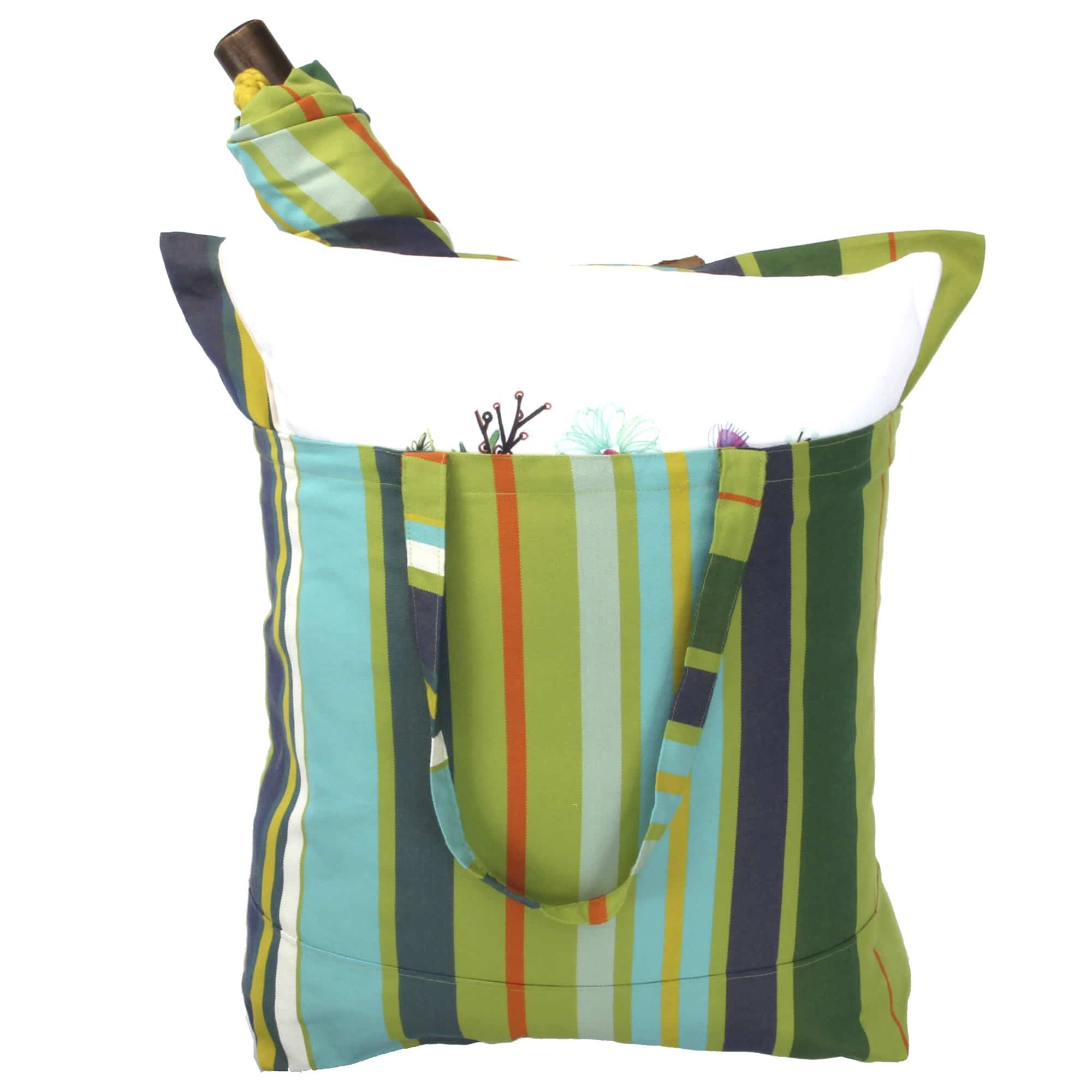 Multi colored outdoor swing crafted by the artisans of Magnolia Casual called the Swing Set 4 piece Citrus Stripe w/ Surf Shack featuring 100 percent weather resistant fabric, weather resistant polyester fabric, handcrafted shown against a clean backdrop featuring with a stripe motif.