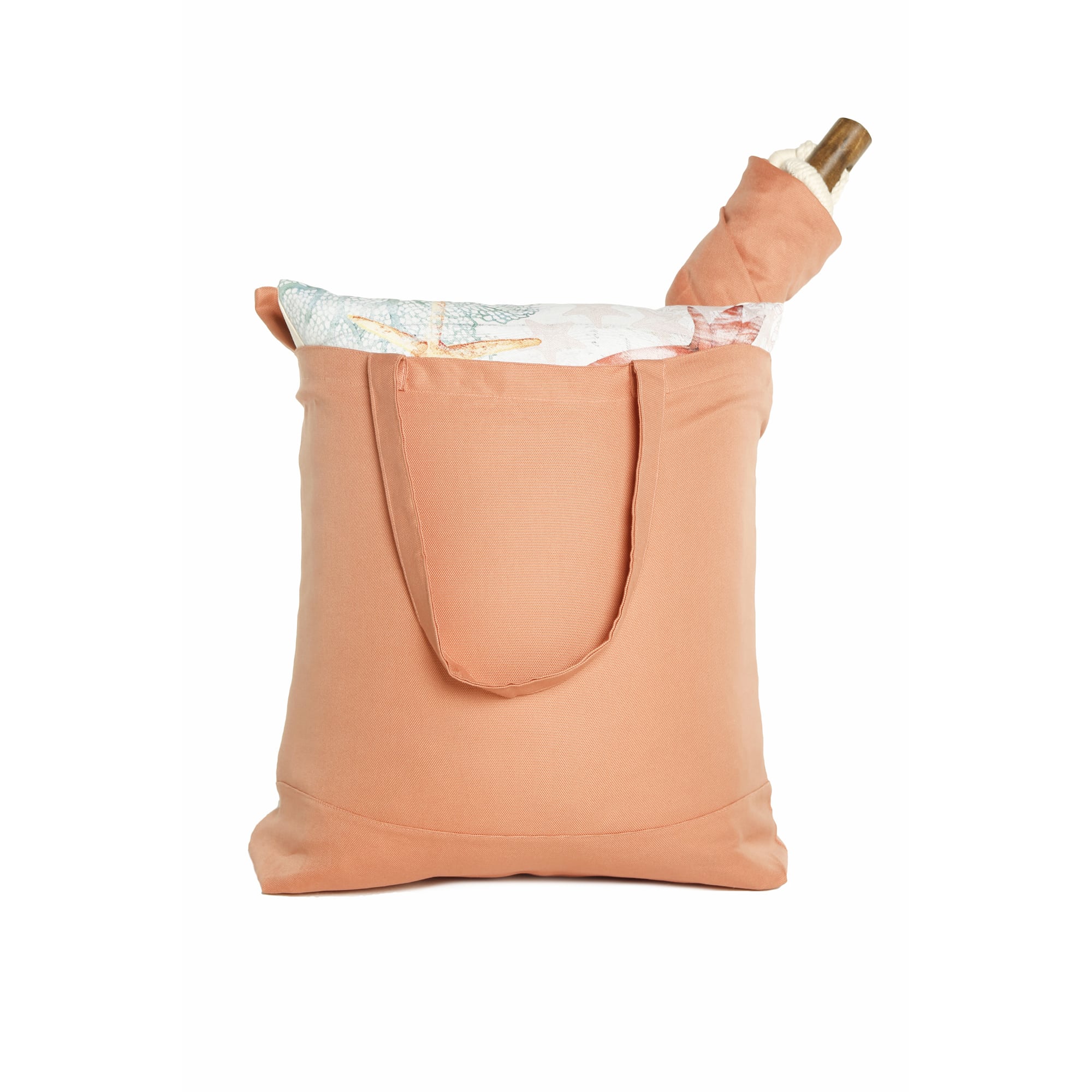 Pink outdoor swing crafted by the artisans of Magnolia Casual called the Swing Set 4 piece Living Coral w/ Vivid Flamingo Pink featuring 100 percent weather resistant fabric, weather resistant polyester fabric, handcrafted shown against a clean backdrop featuring with a coral motif and shades of coral and pink.