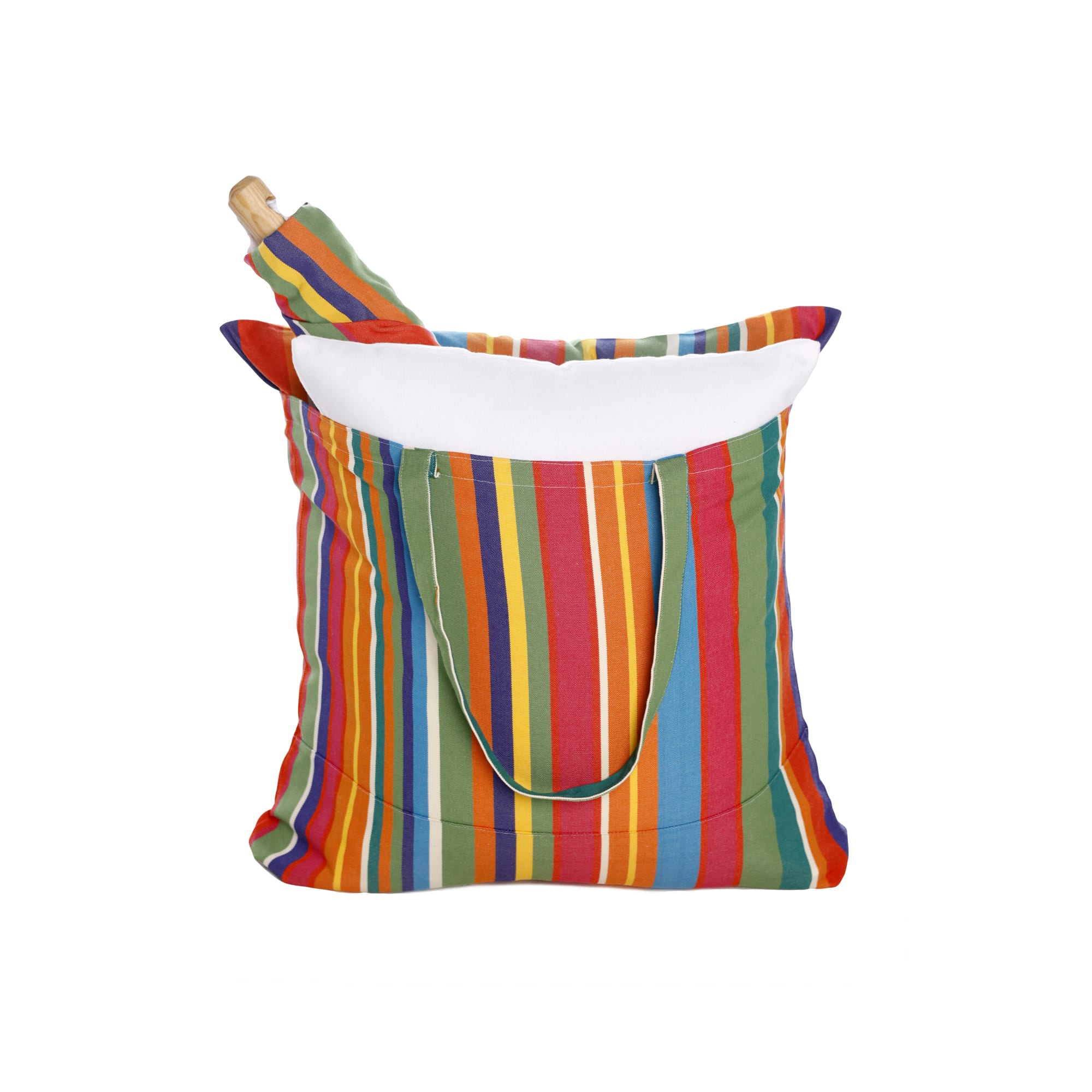 Multi colored outdoor swing crafted by the artisans of Magnolia Casual called the Swing Set 4 piece Le Jardin Stripe w/ Watercolor Wildflowers 1 featuring 100 percent weather resistant fabric, weather resistant polyester fabric, handcrafted shown against a clean backdrop featuring with a stripe motif.