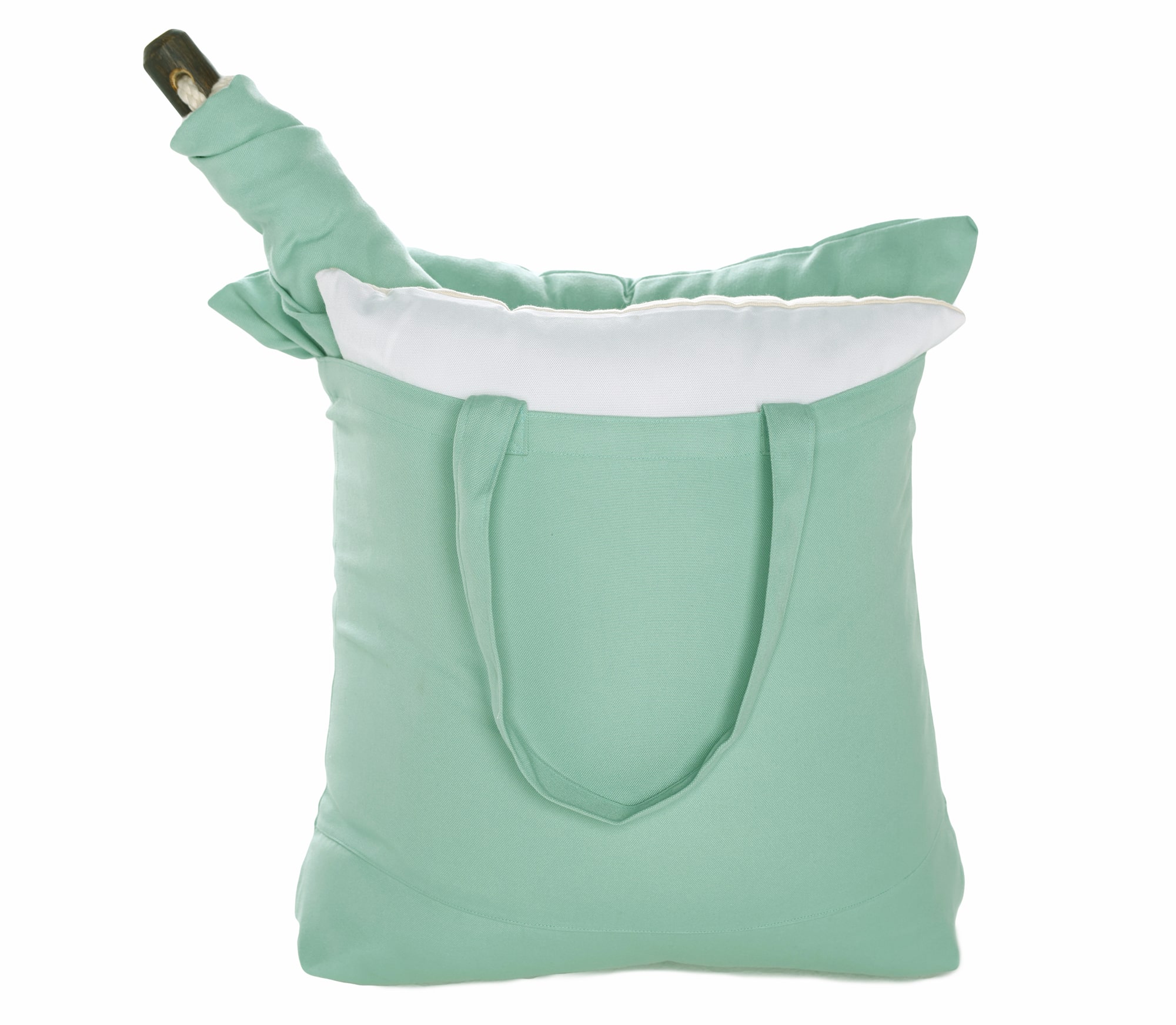 Green outdoor swing crafted by the artisans of Magnolia Casual called the Swing Set 4 piece Seafoam Green Solid w/ Whimsy Strokes featuring 100 percent weather resistant fabric, weather resistant polyester fabric, handcrafted shown against a clean backdrop featuring shades of green.