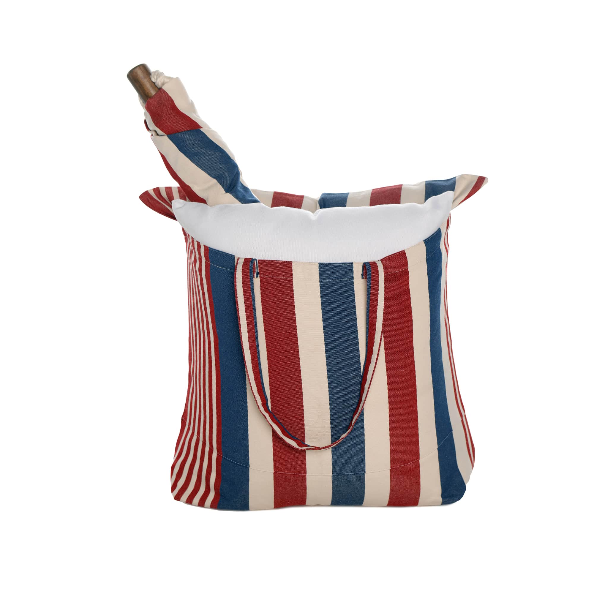 Multi colored outdoor swing crafted by the artisans of Magnolia Casual called the Swing Set 4 piece Stars & Stripes w/ Watering Can & Flower Pots featuring 100 percent weather resistant fabric, weather resistant polyester fabric, handcrafted shown against a clean backdrop featuring with a stripes motif.