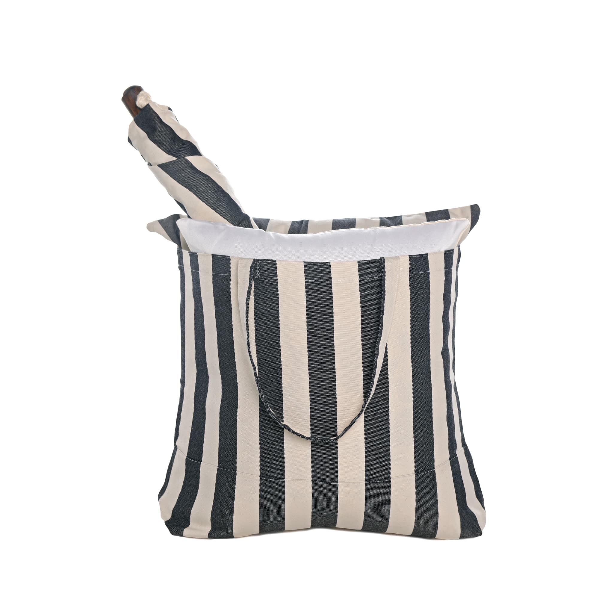Black outdoor swing crafted by the artisans of Magnolia Casual called the Swing Set 4 piece True Black Stripe w/ Wild Animals featuring 100 percent weather resistant fabric, weather resistant polyester fabric, handcrafted shown against a clean backdrop featuring with a stripe motif and shades of black.