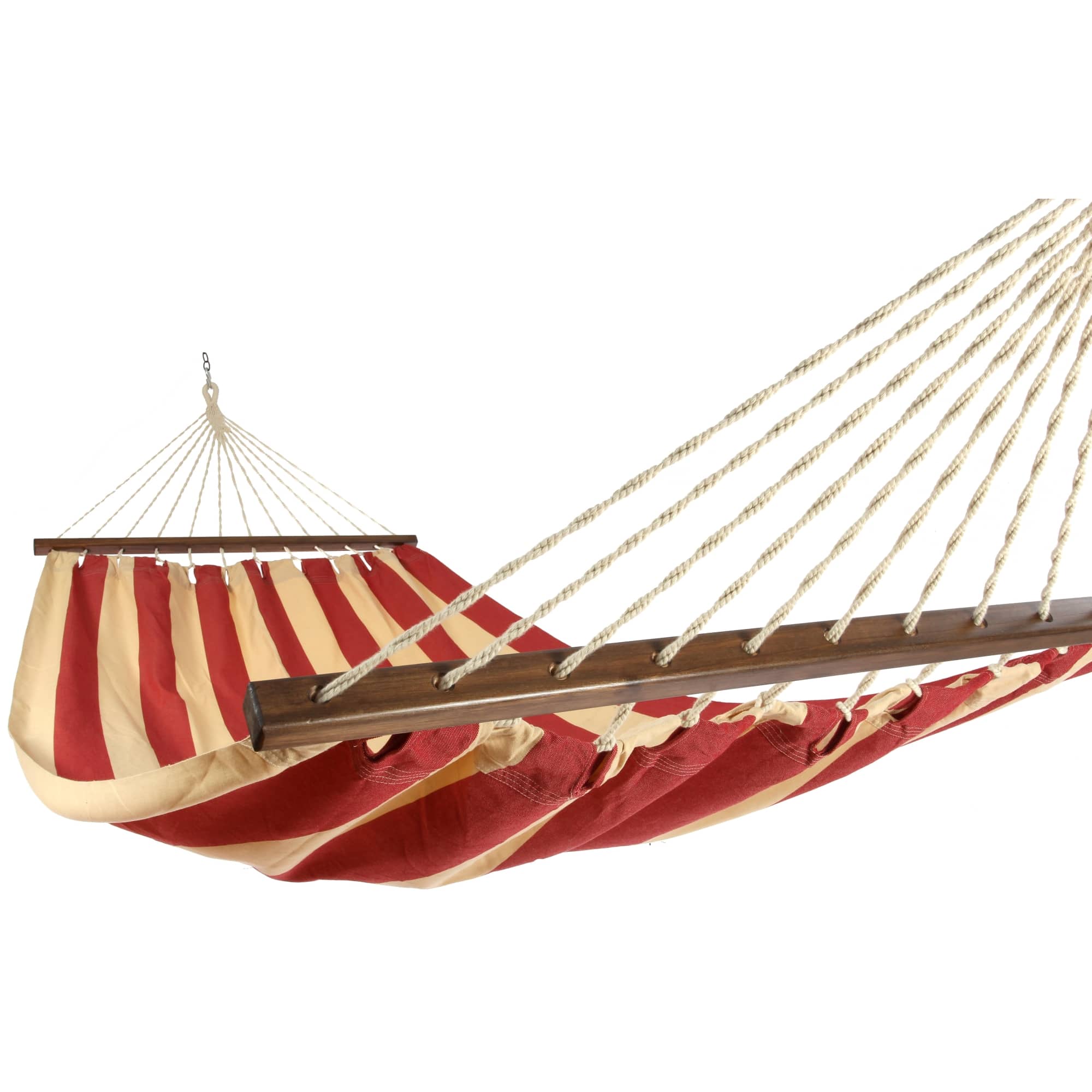 Multi colored outdoor textile crafted by the artisans of Magnolia Casual called the Hammock Americana Stripe featuring 100 percent weather resistant fabric, weather resistant polyester fabric, sustainably sourced, artisan shown against a clean backdrop featuring with a stripe motif.